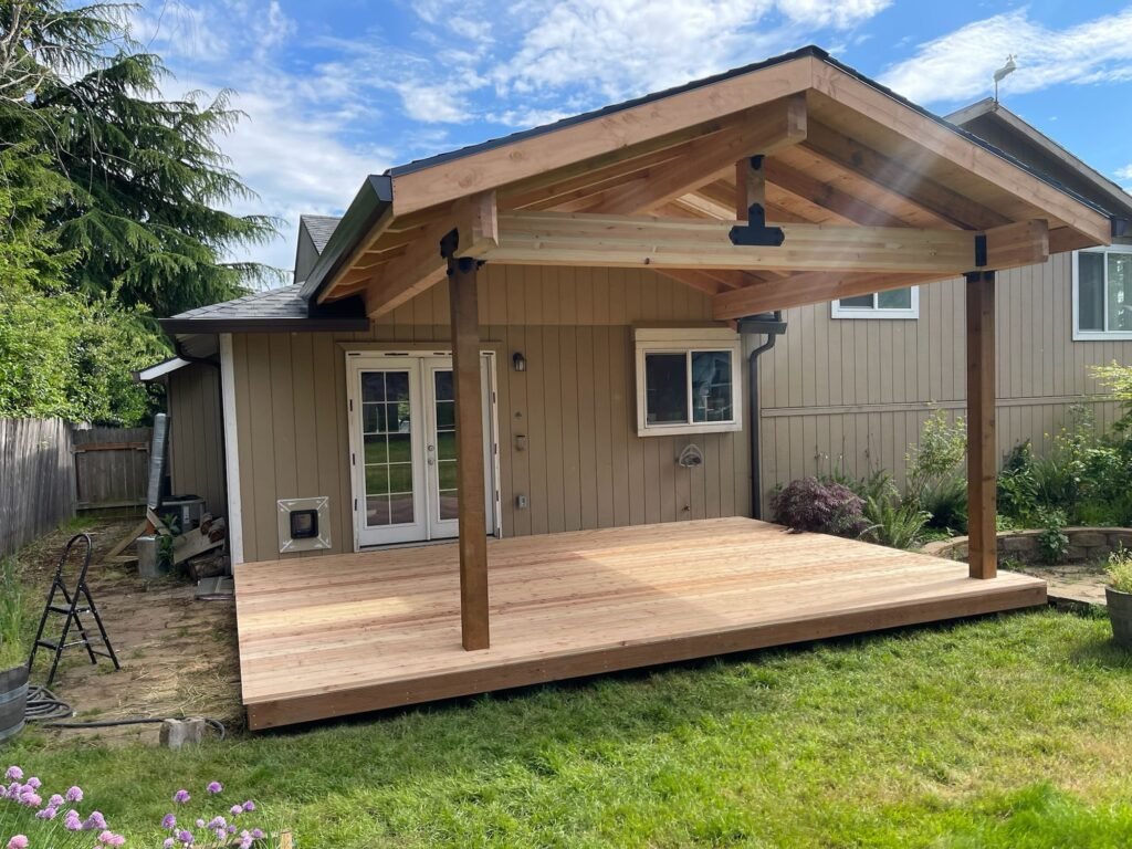 Gable patio cover cedar deck by Rose City Redevelopment in Gresham, OR