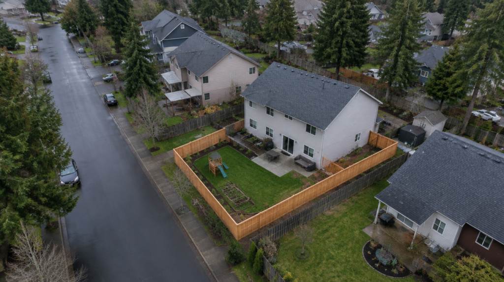 Aerial view of a suburban Gresham street where one backyard is fully enclosed by a new cedar privacy fence