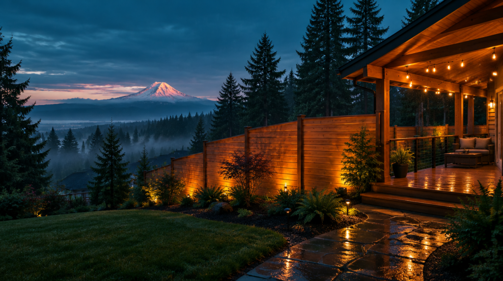 Cedar deck and covered patio with string lights at blue hour, Douglas firs and Mt. Hood in the distance