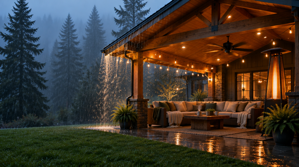 Covered cedar patio with a glowing heater, ceiling fan and string lights while heavy rain falls in Gresham, Oregon